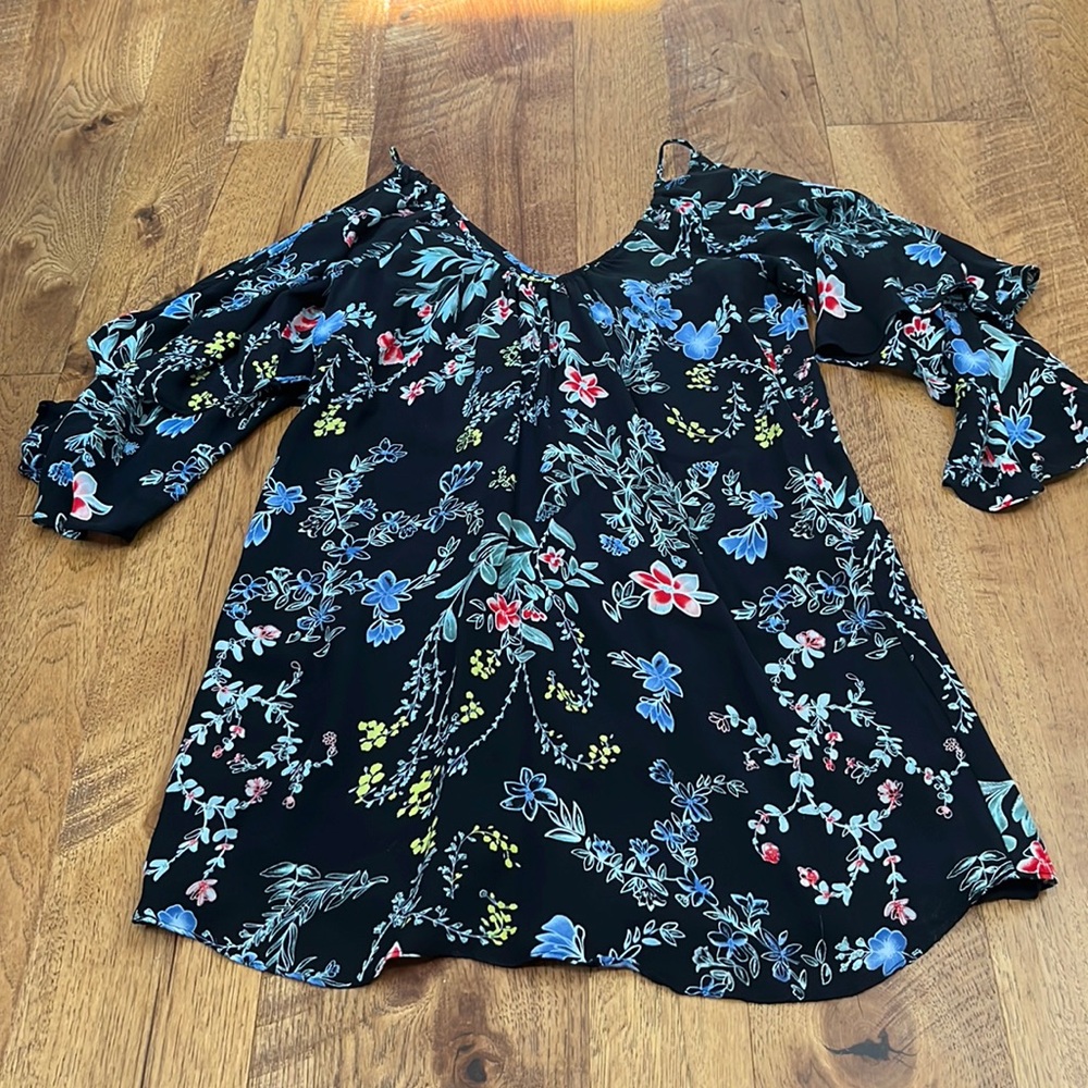 Parker Black Floral Open Shoulder Dress Size XS